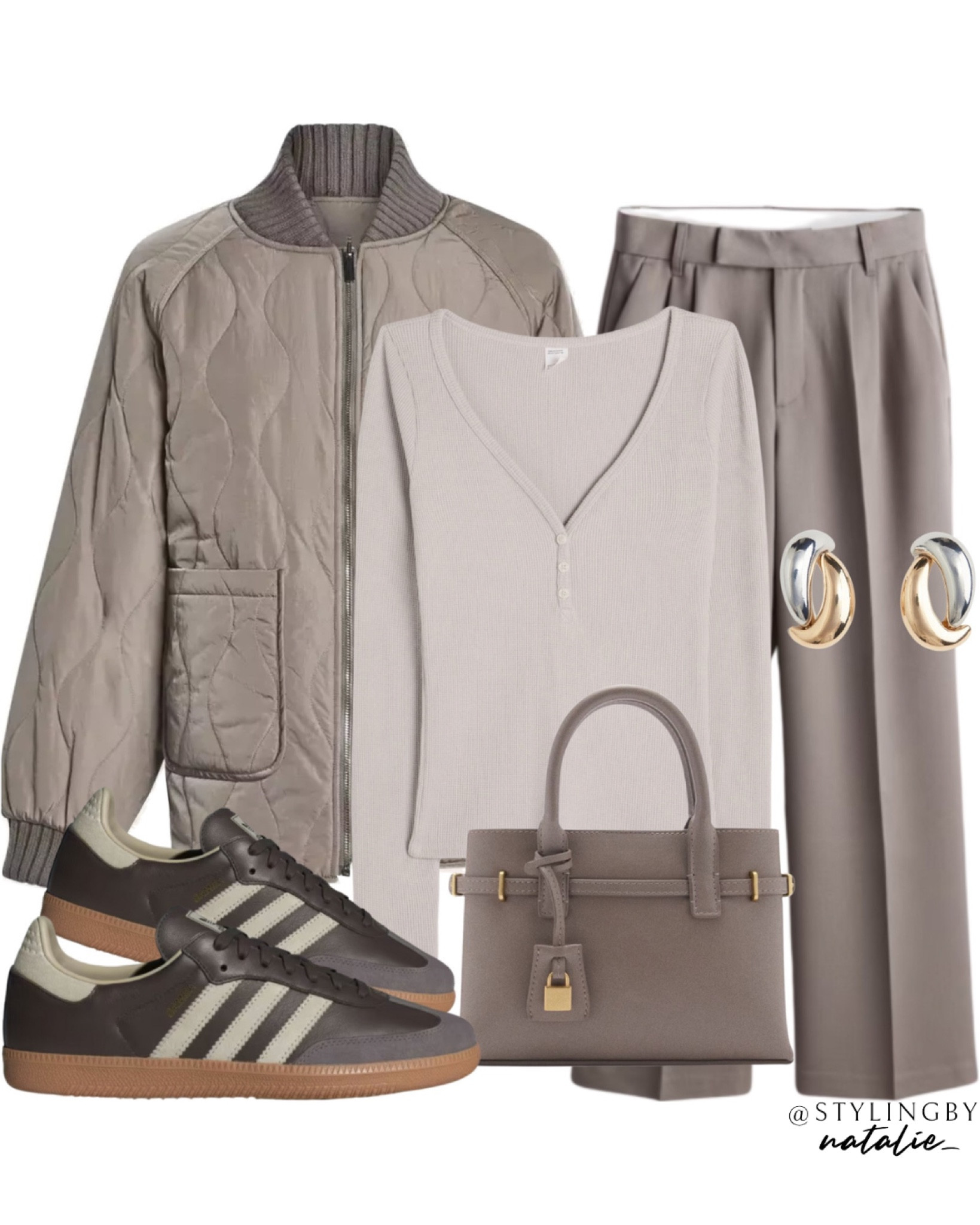 Reversible quilted jacket, long sleeve t-shirt, tailored trousers, Adidas Samba trainers, tote bag, two tone earrings. 
Beige outfit, brown outfit, casual outfit, everyday outfit, autumn outfit 

#LTKstyletip #LTKeurope #LTKautumn