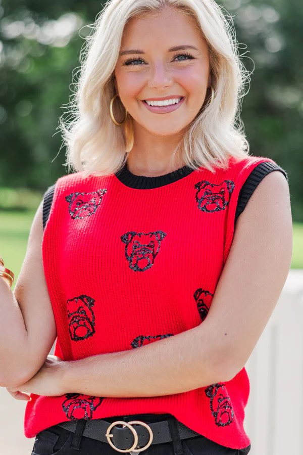 Pack A Punch Red Sequin Bulldog Sleeveless Sweater | The Mint Julep Boutique