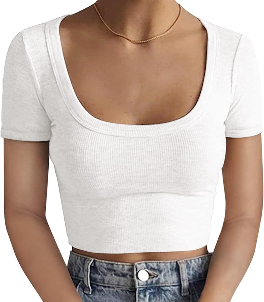 Y2K Crop Tops for Women Summer Sexy Cute Cotton Ribbed Cropped Tank Tops Basic T Shirts | Amazon (US)