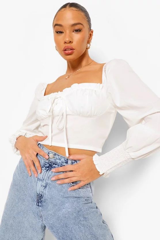 Woven Ruffle Long Sleeve Crop Top | Boohoo.com (UK & IE)