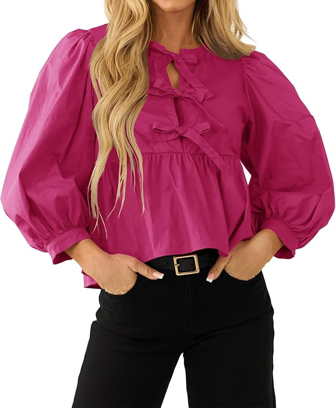 3/4 Length Sleeve Blouses for Women Trendy Tie Front Y2K Babydoll Tops Casual Going Out Puff Slee... | Amazon (US)