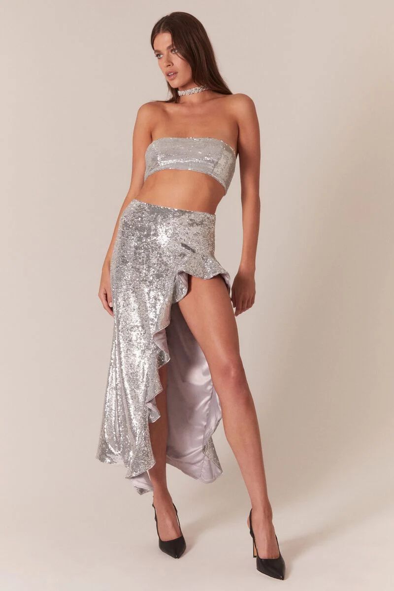 suzu sequin maxi skirt in silver seq | Bardot (US)