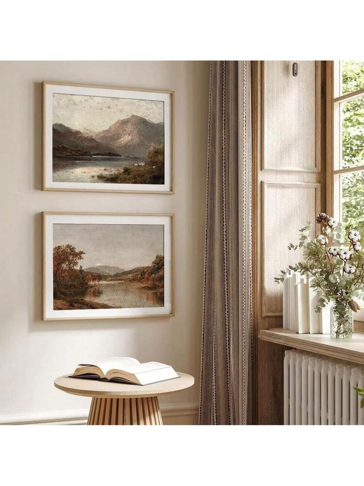 Set Of 2 Vintage Autumn Rustic Landscape Painting Lake Mountain Forest Farmhouse Fall Retro Art P... | SHEIN