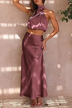 PRETTYGARDEN Women's 2 Piece Satin Outfits Summer Sleeveless Mock Neck Crop Tops and Long Skirt D... | Amazon (US)