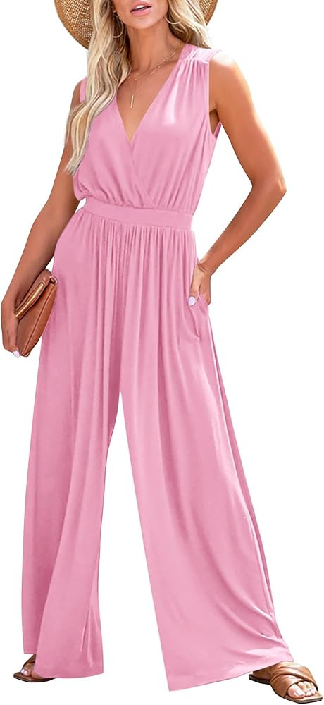 KIRUNDO Jumpsuits For Women Summer Dressy Casual One Piece Sleeveless Wrap V Neck Wide Leg Pants ... | Amazon (US)