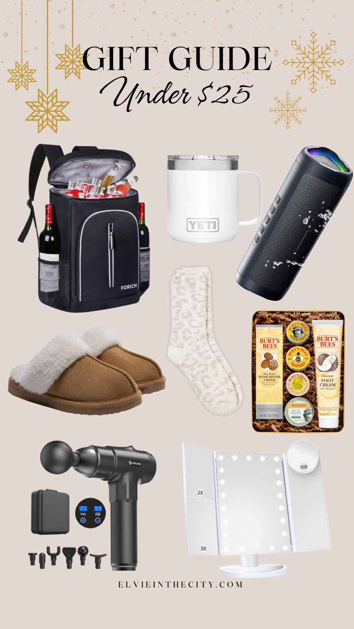 Everything in this gift guide is under $25! Gift ideas include a backpack cooler, a Yeti mug, portable Bluetooth speaker, fuzzy memory foam slippers, Barefoot Dreams socks, a Burt’s Bees gift set, massager, and makeup mirror.

Gifts for her, gifts for him, Christmas gift ideas, gifts under 25

#LTKGiftGuide #LTKStyleTip #LTKFindsUnder50
