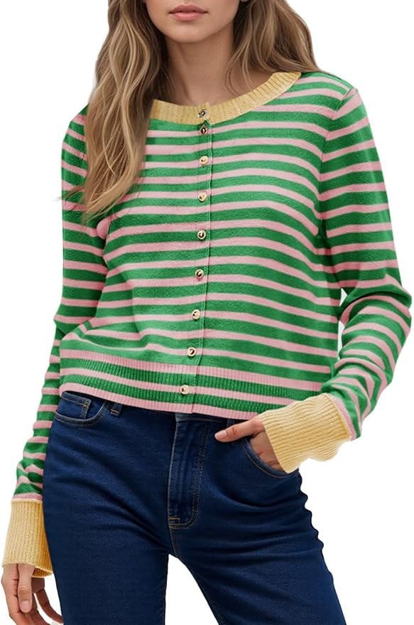 Womens Striped Knit Cardigan Sweater Button Down Long Sleeve Lighweight Color Block Cardigan Top ... | Amazon (US)
