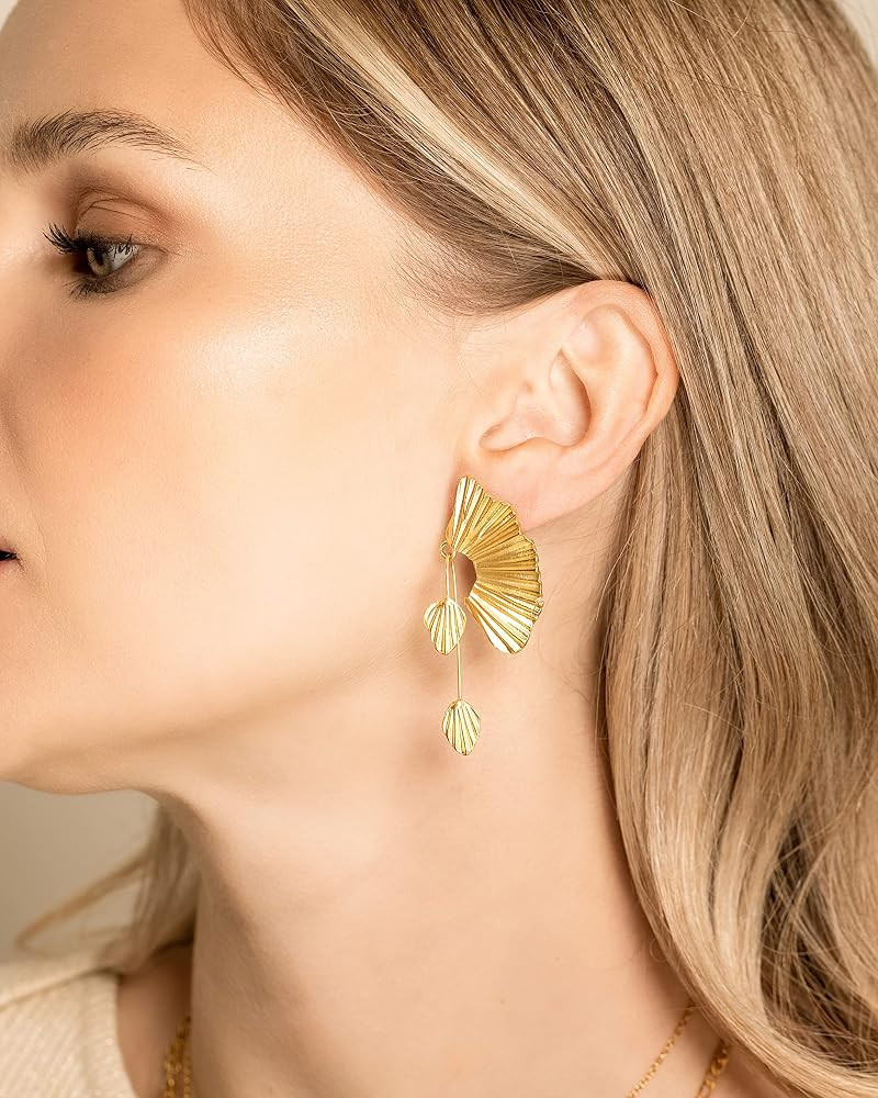 Gold Statement Earrings for Women by SNGIA, Chunky Dangle Leaf Fan Shape Flower Earrings, Vintage... | Amazon (US)