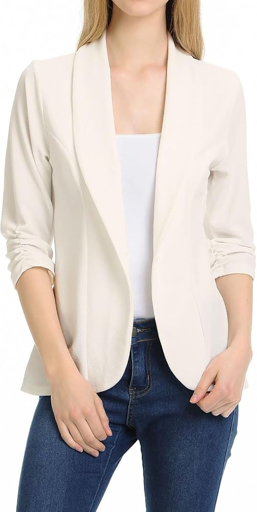 MINEFREE Women's 3/4 Ruched Sleeve Lightweight Work Office Blazer Jacket (S-3XL) | Amazon (US)