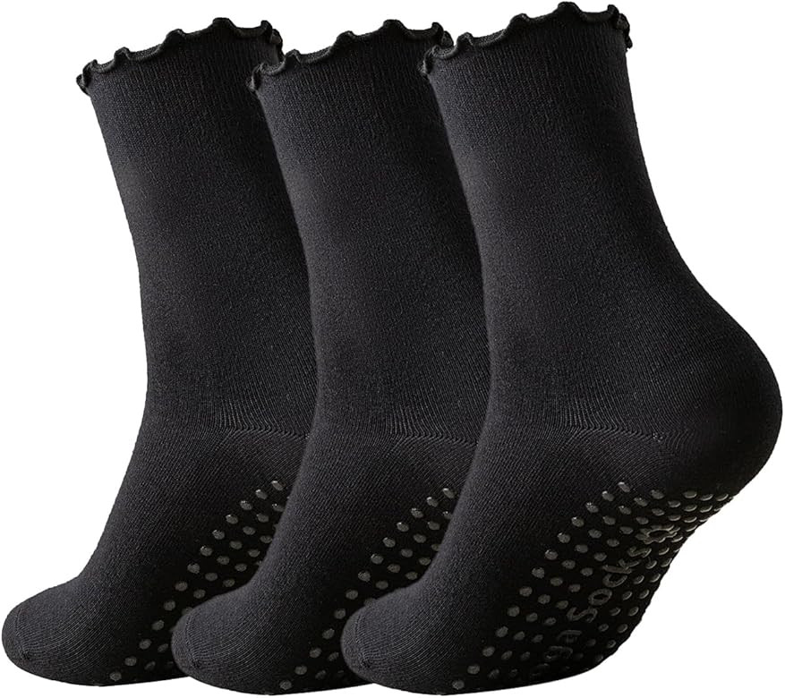 3 Pairs Pilates Socks with Grips Non-slip Ruffle Yoga Socks Grip Socks for Women | Amazon (US)