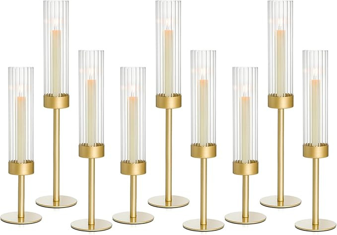 Gold Candle Holders Set of 9, Hurricane Brass Candlestick Holders for Taper Candles, Tall Candle ... | Amazon (US)