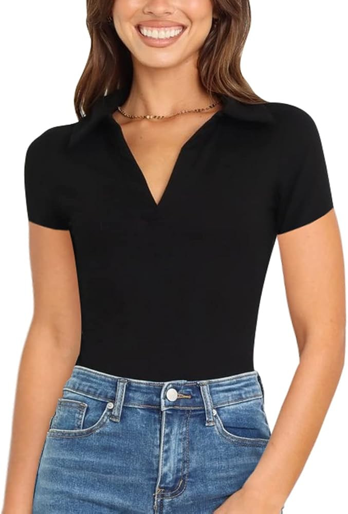 OWIN Women's Deep V Neck Short Sleeve Bodysuit Stretch Casual Collared Jumpsuit Leotard Tops | Amazon (US)