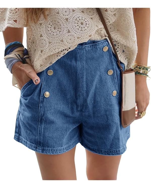 PLNOTME Womens Denim Shorts Mid Rise Casual Summer Loose Vintage Double Breasted Jean Shorts with... | Amazon (US)