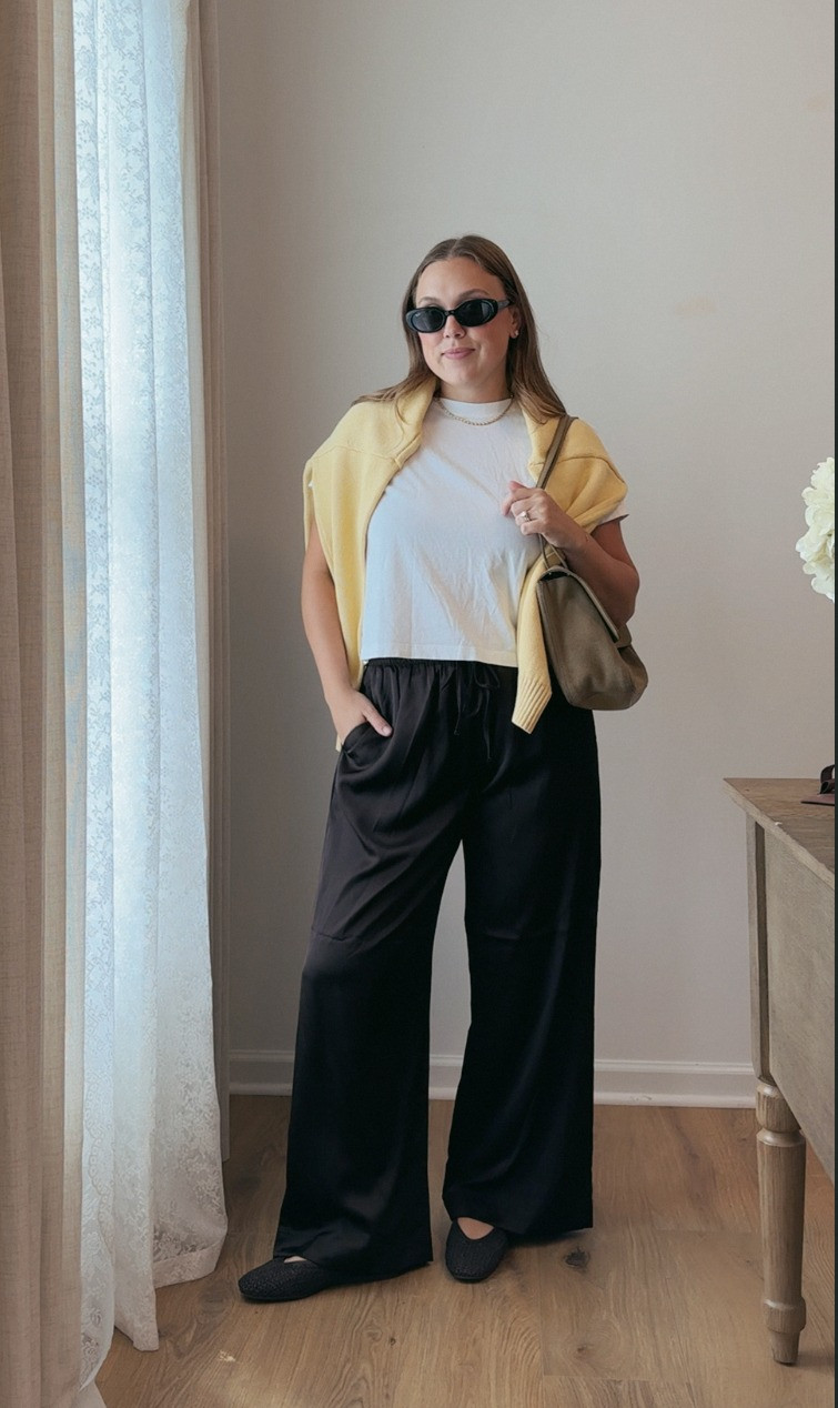 wearing a small in the white tshirt, large in the yellow sweater, and a medium short in the brown satin wide leg pant. 

 #LTKgrwm #LTKootd #LTKmomlife