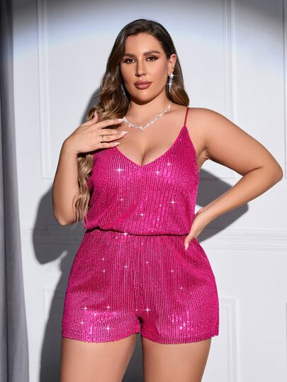 Double Crazy Plus Sequin Cami Romper | SHEIN