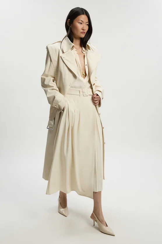Strong Shoulder Belted Midi Trench Coat | Karen Millen UK + IE + DE + NL