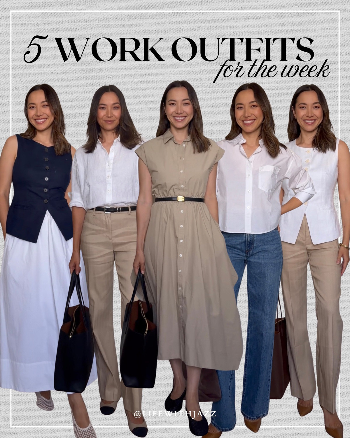 5 work outfits for the week 

Business casual / summer work outfits / office outfits / linen vest / white poplin skirt / button down / work dress

#LTKWorkwear