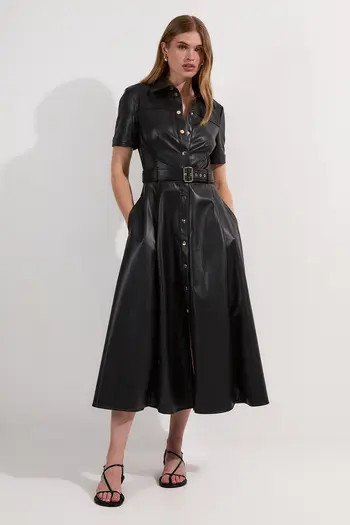 Faux Leather Belted Midi Shirt Dress | Nordstrom