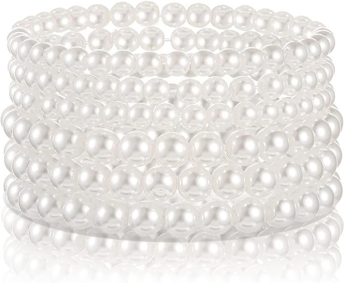 6 Pieces Faux Pearl Bracelet Set Stretch Bracelets Bridal Dancing Party Jewelry for Women Girls | Amazon (US)