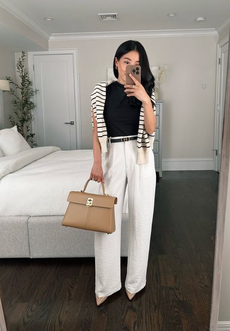 Simple but elevated smart casual outfit 

•Sloane crepe pants 25 short - restocked in several colors and inseams. Love the drape of these! I’m typically a 24 in A+F pants but found the waist of these to run a little small, so I sized up 

•AT smooth stretchy black mock neck top - so flattering and a great layering piece. I’m in xxs 

•AT woven slingbacks sz 5 

•Sezane sweater xxs 

•Edited Pieces mini belt xxs fully stocked at EditedPieces.com

•Cafune bag (not linkable on LTK)

#petite smart casual work wear 

#LTKSeasonal #LTKworkwear #LTKstyletip
