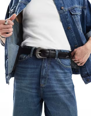 ASOS DESIGN leather woven belt with western buckle in black | ASOS (Global)