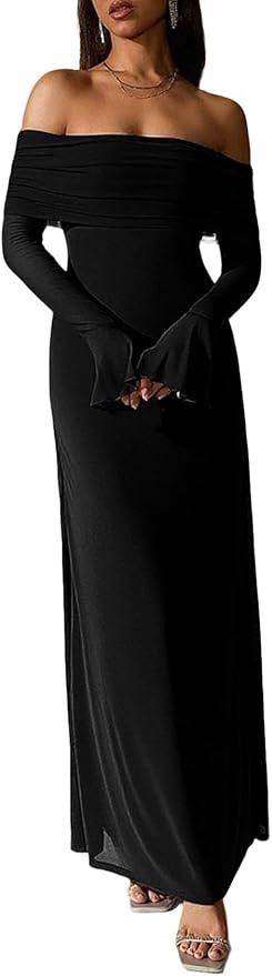 Women Off Shoulder Bodycon Maxi Dress Long Sleeve Mesh Ruched Party Formal Wedding Guest Dresses | Amazon (US)