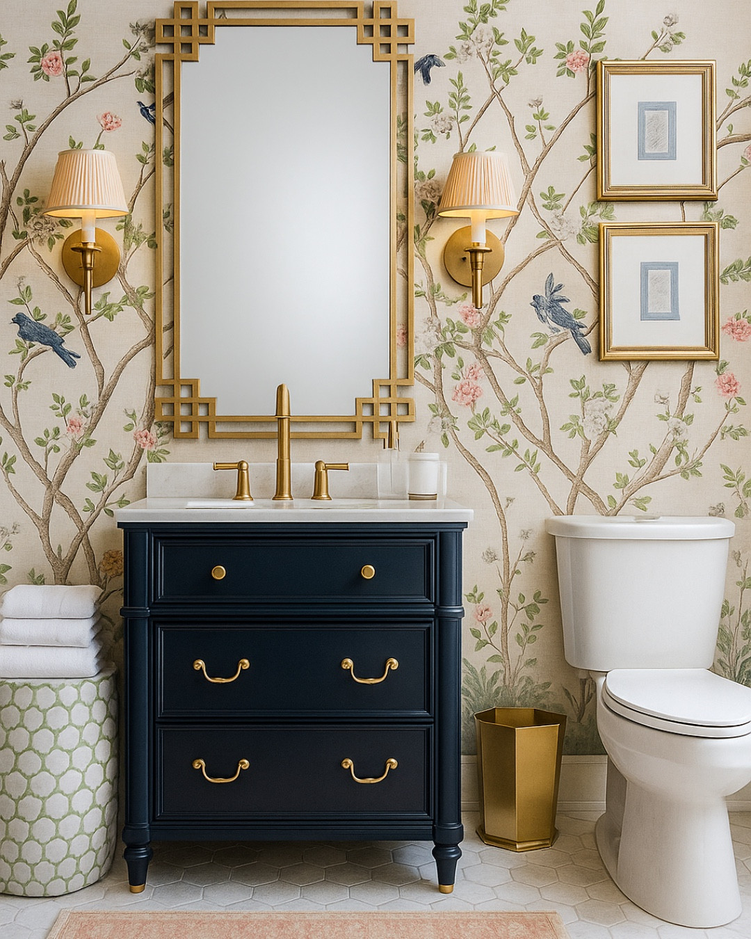 Classic chinoiserie charm with a modern twist ✨. The navy vanity, gold accents, and chinoiserie wallpaper create a classic grandmillennial bathroom that feels timeless, yet fresh! 

The gorgeous mixed media art is "Midnight Garden No. 1" by Lindsey Franks and can be found at www.TheScoutedStudio.com 

#LTKSaleAlert #LTKHome #LTKFindsUnder100