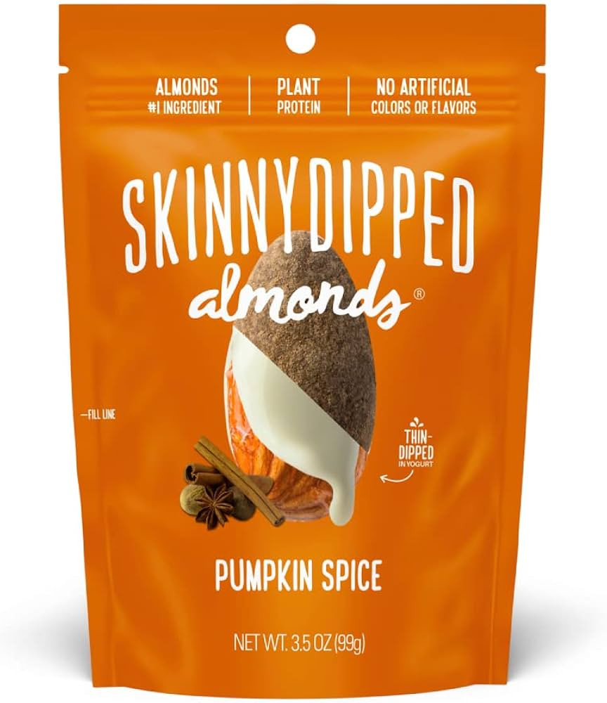 SkinnyDipped Pumpkin Spice Almonds, Healthy Snack, Plant Protein, Gluten Free, 3.5 oz Resealable Bag | Amazon (US)