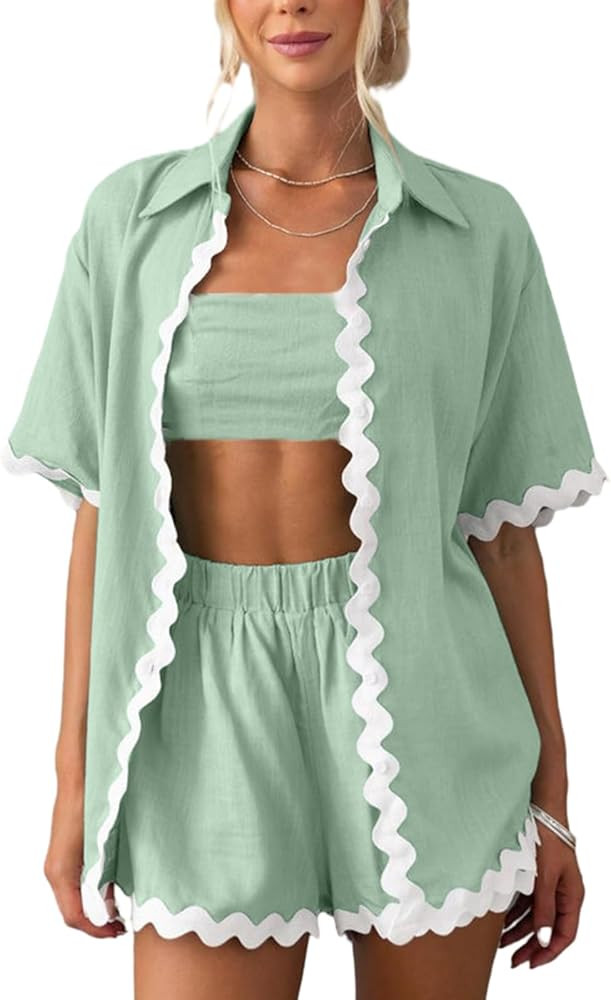 WOWULOVELY Women's 2024 Summer 2 Piece Vacation Outfits Casual Short Sleeve Shirt High Waist Shor... | Amazon (US)