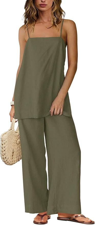 Linen Sets for Women 2 Piece Summer Spaghetti Strap Top Wide Leg Pant Set Beach Vacation Travel O... | Amazon (US)