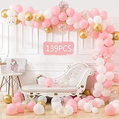 139 Pcs Balloon Arch Garland Kit 16 Ft, White Gold Pink Rose Gold Balloons Pack, Artificial Palm ... | Amazon (US)