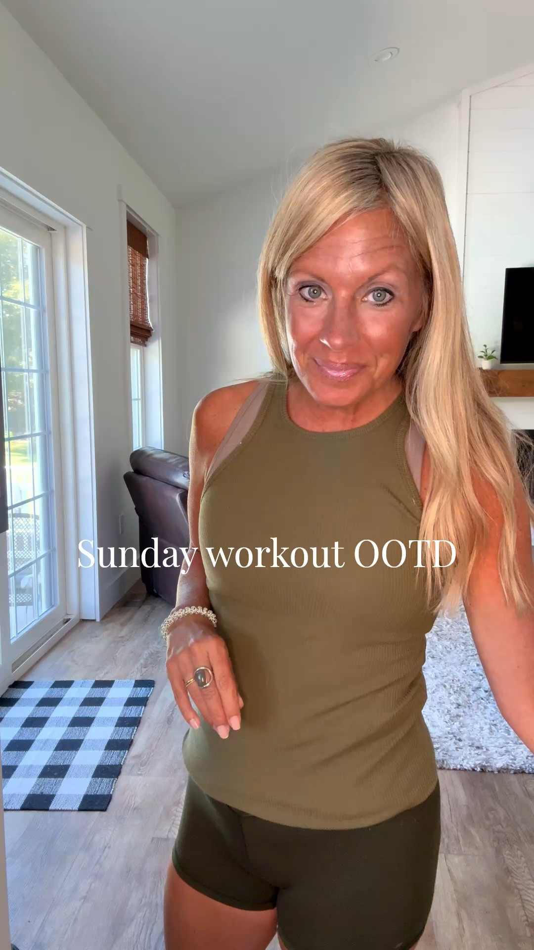 Happy Sunday!  Today’s workout OOTD- shorts olive crossover shorts from@Aerie 3” but also available in 5”.  Sports bra from @Walmart Reebok brand.  Top from @Old Navy.  Sneakers are Nike.  You can find outfit linked below.  Lots on sale.  #ad

#LTKSaleAlert #LTKPetite #LTKootd