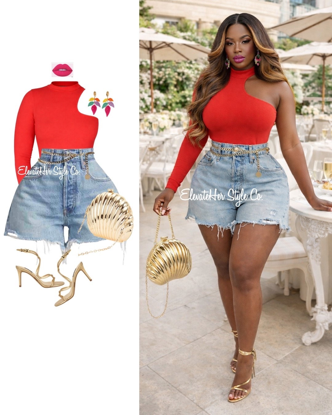 There is a difference between wearing denim shorts and styling them. One reads as last minute. The other looks intentional, and that intention is what makes you look pulled together.

The fitted red top sets the tone with structure, so the look has a clean foundation instead of falling flat. A chain belt defines the waist and adds a polished detail that quietly elevates the whole thing. Then the gold pieces, the shell bag, the strappy heels, the statement earrings, carry the personality and give it that finished, expensive feel.

The formula holds for almost any casual look: structure on top, relaxed on the bottom, a defined waist, and one or two confident accessories doing the talking.

Most women already own the pieces. What they are missing is the styling logic, and that is the work we do together inside the membership.

#LTKgrwm #LTKootd #LTKdayinmylife