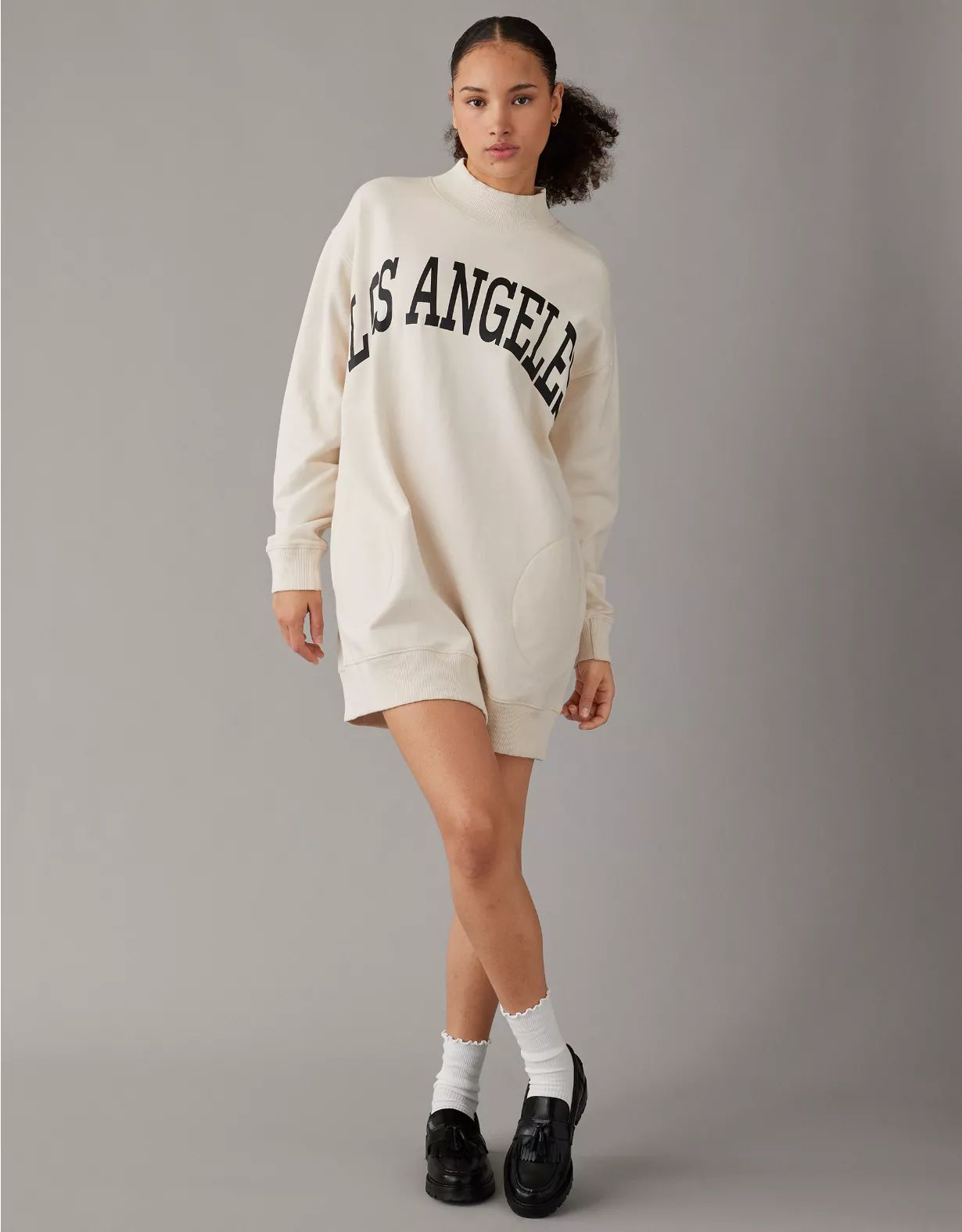 AE Oversized Fleece Mock Neck City Graphic Mini Dress | American Eagle Outfitters (US & CA)