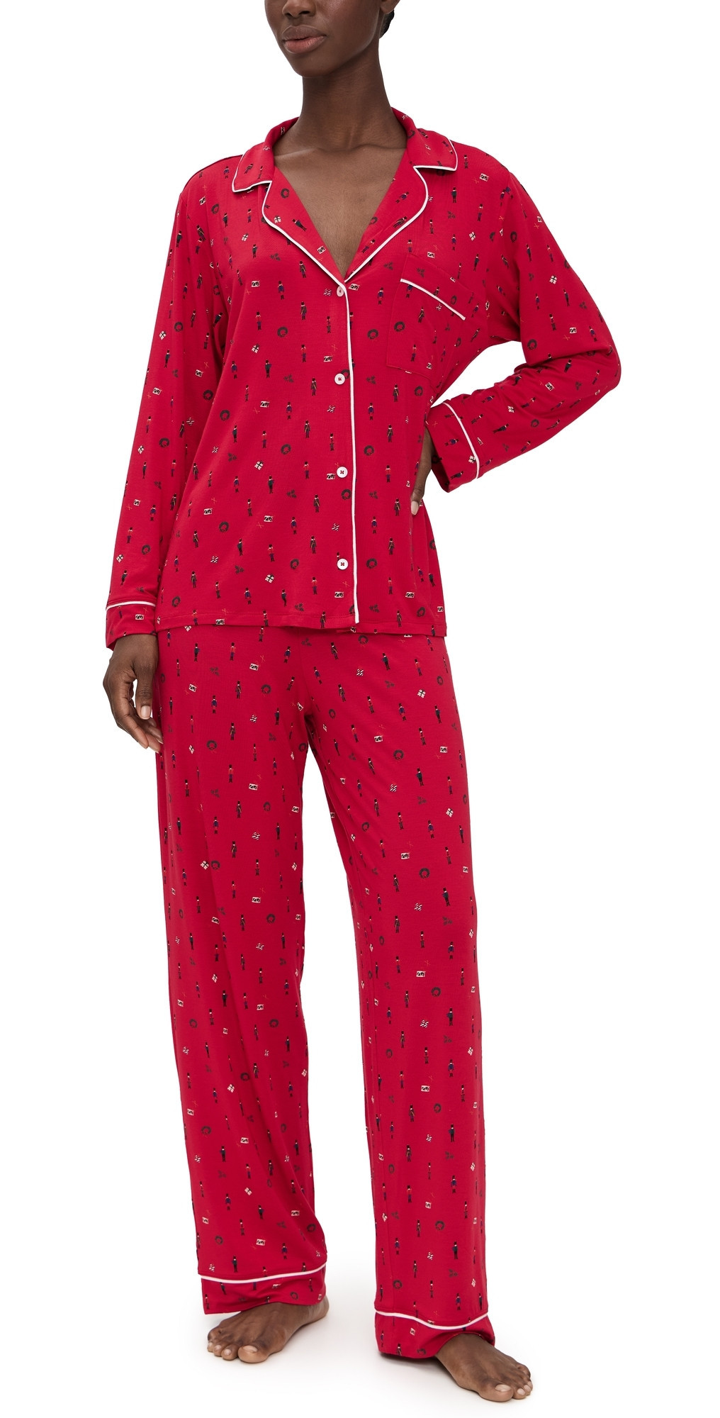 Eberjey Gisele Printed Long Pajama Set Nutcracker Holly Red/Ivory XXS | Shopbop