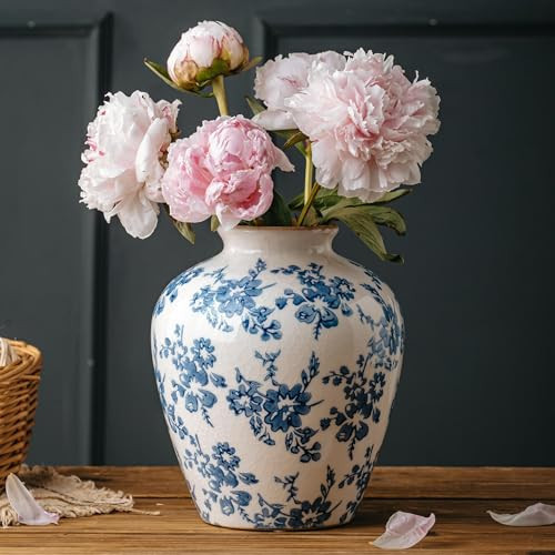SEUYUCL Blue and White Vase, 8 Inch Vintage Chinoiserie Ceramic Vase, Rustic Flower Vases Decorative Antique Vases for Home Decor, Retro Ice Cracked Porcelain Farmhouse Table Centerpieces Decor | Amazon (US)