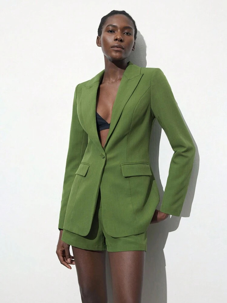 Maija Women's Fashionable Casual/Commute Green Early Spring/Spring Lapel Padded Shoulder Long Sle... | SHEIN