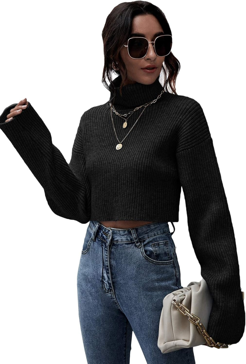 Floerns Women's Turtle Neck Long Sleeve Knitted Pullover Sweater Crop Tops | Amazon (US)