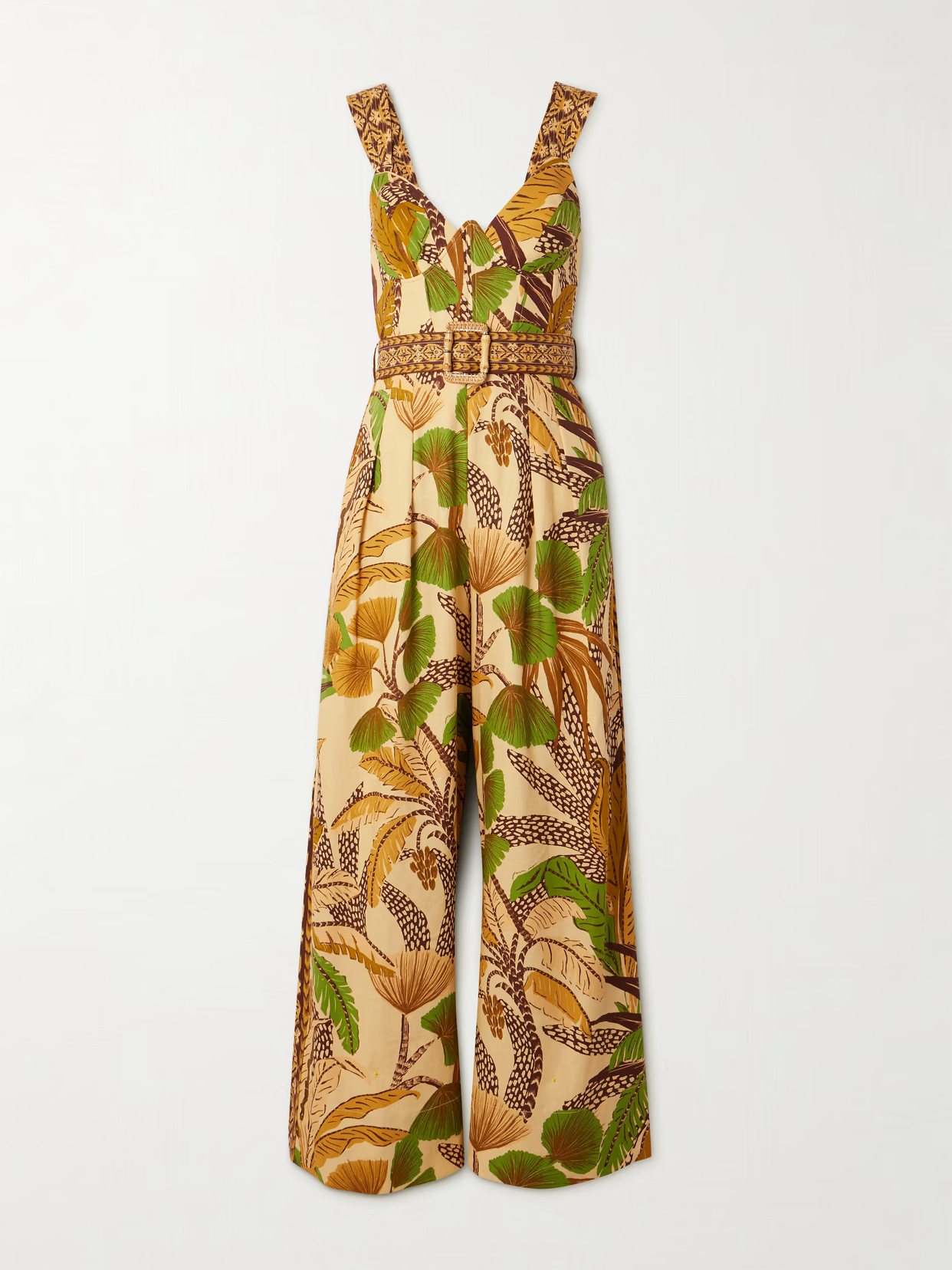 Farm Rio - Belted Shirred Printed Linen-blend Jumpsuit - Neutrals | NET-A-PORTER (US)