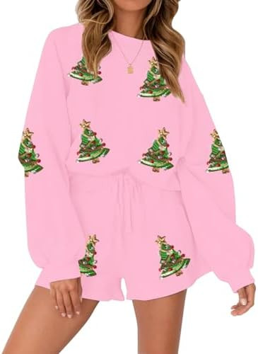 VILOVE Christmas Sweat Shorts Sets Women 2 Piece Merry Xmas Jolly Sequin Outfit Oversized Casual ... | Amazon (US)