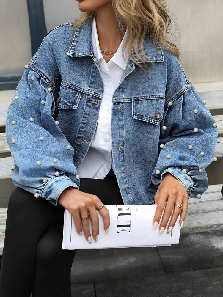 Mobula Sound Brand Women Casual Loose Pearl Decor Denim Jacket, Versatile Fashion For Daily, Party, Travel, Airport All-Matching, Spring/Summer | SHEIN