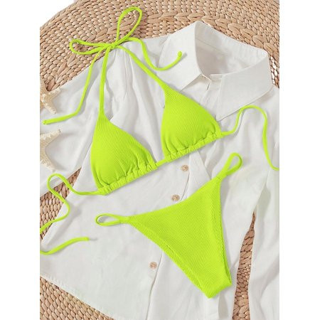 Women s Plain Halter Lime Green Bikini Sets XL | Walmart (US)