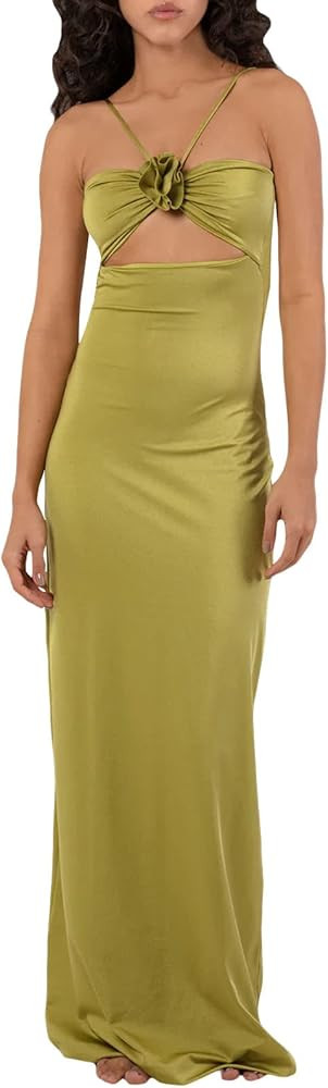 Women 3D Floral Sleeveless Maxi Dress Crisscross Backless Strappy Long Dress Bodycon Ruched Cutou... | Amazon (US)