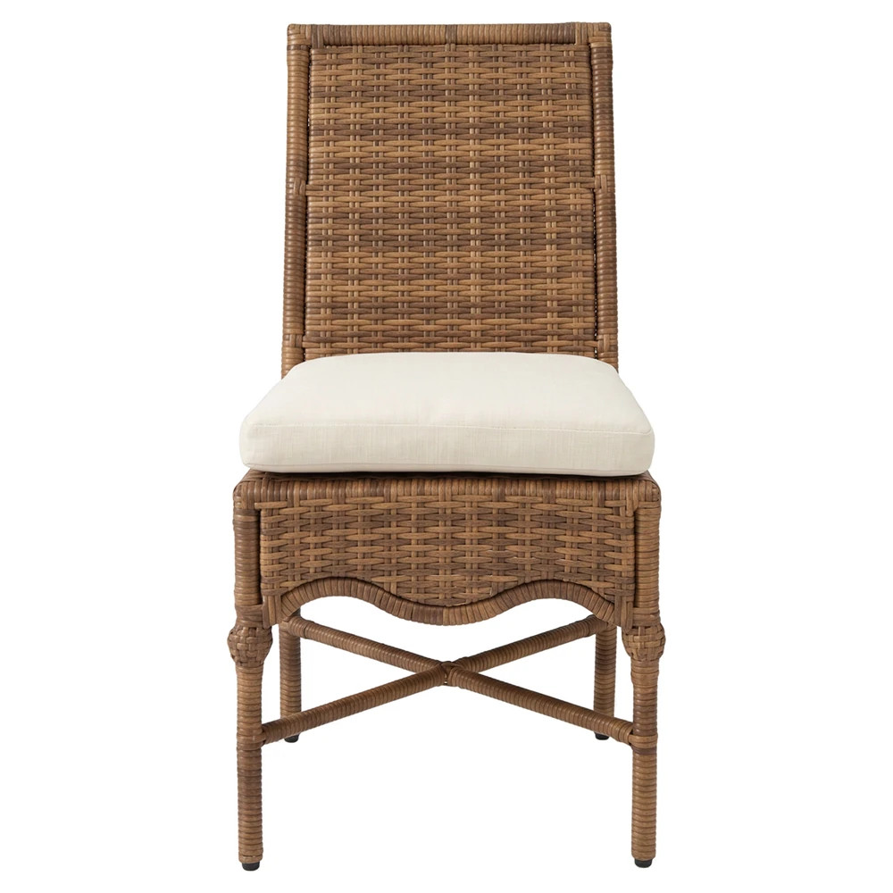 Clara Coastal Beach Brown Rattan Outdoor Dining Side Chair | Kathy Kuo Home