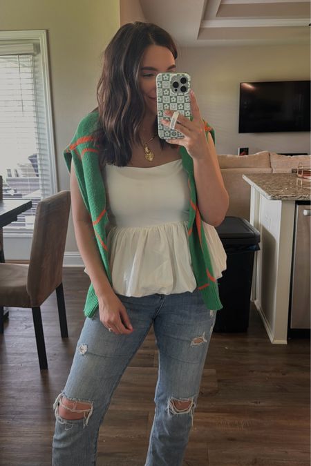 Casual summer outfit! Green sweater is thrifted :) I’m wearing a medium in this white peplum tank! 

#LTKFindsUnder50 #LTKFindsUnder100 #LTKStyleTip