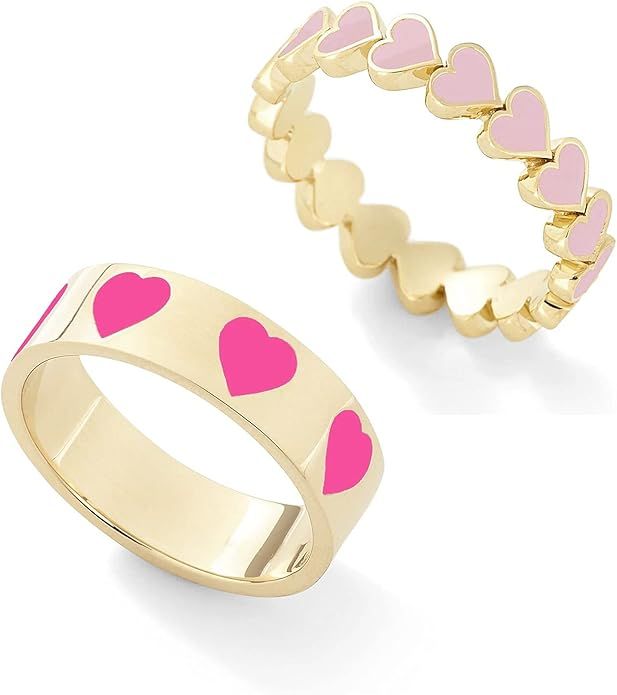 caiyao 2 Pcs Colorful Enamel Cute Sweet Heart Plain Stackable Finger Ring Gold Band Rings Set Fri... | Amazon (US)