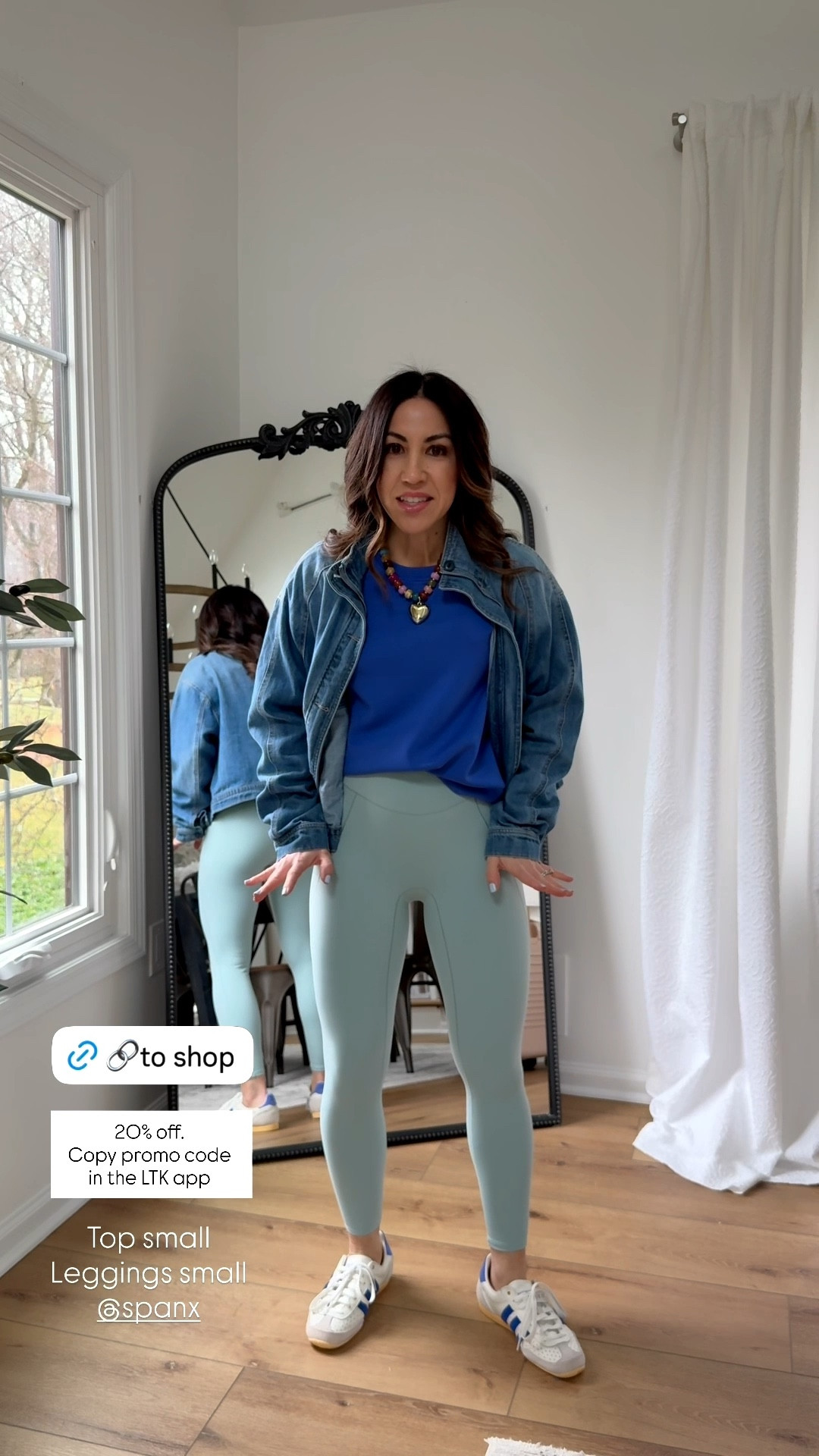Copy the promo code for 20% off @Spanx. Wearing small leggings. Small top. Small denim jacket. Sneaker size down.

#LTKSpringSale #LTKOver40 #LTKPetite