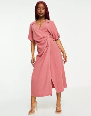 ASOS DESIGN linen wrap midi dress in dusty rose | ASOS (Global)