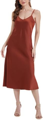 Women's Satin Slip Dress Lined V-Neck Midi A-line Spaghetti Strap Side Slits Evening Cocktail Par... | Amazon (US)
