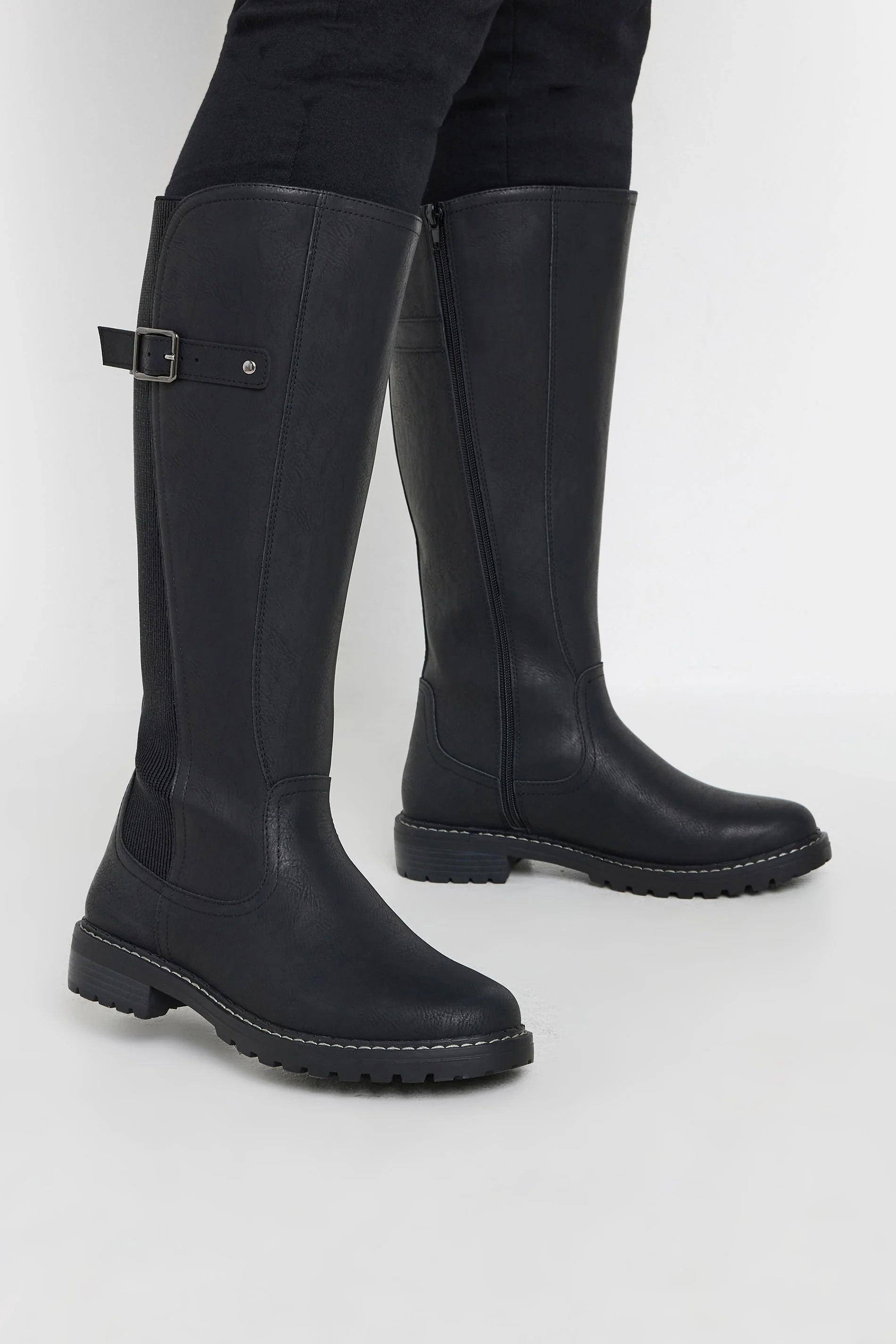 Black Faux Leather Stretch Knee High Boots In Extra Wide EEE Fit | Yours Clothing UK